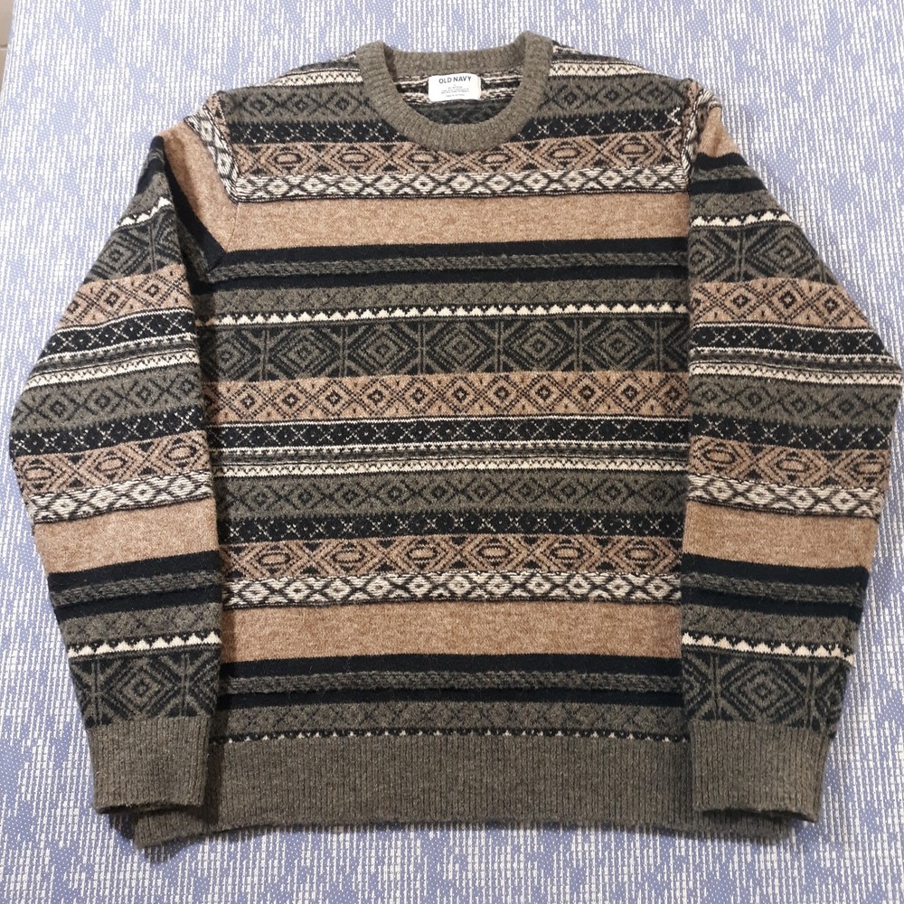 Old Navy Sweater Crew Neck Mens Large Fair Isle Multicolor Wool Blend Soft